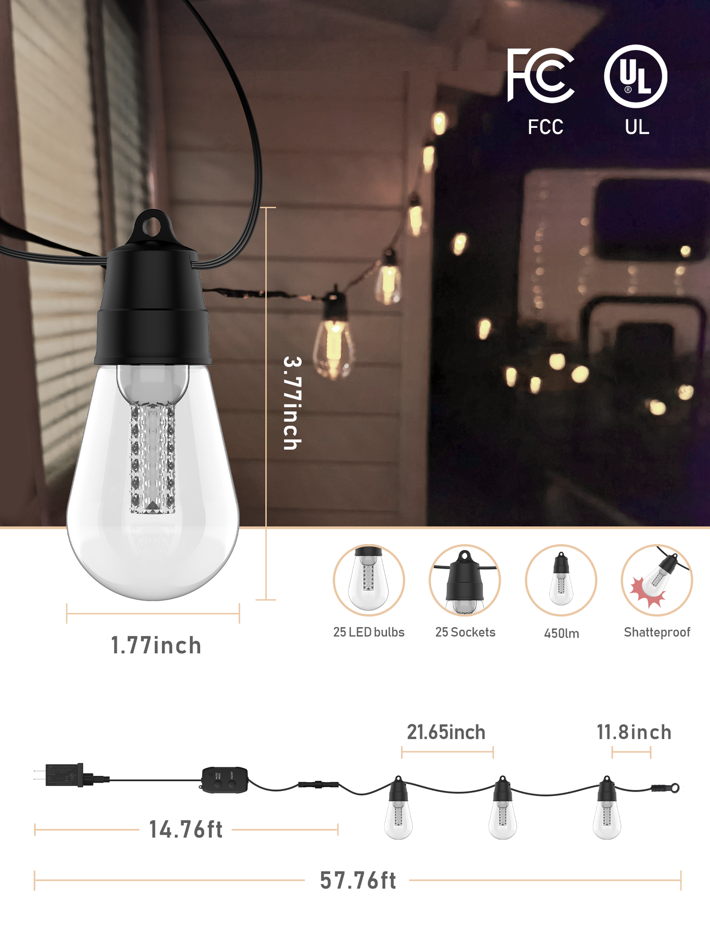 S14 Outdoor String Lights 15M