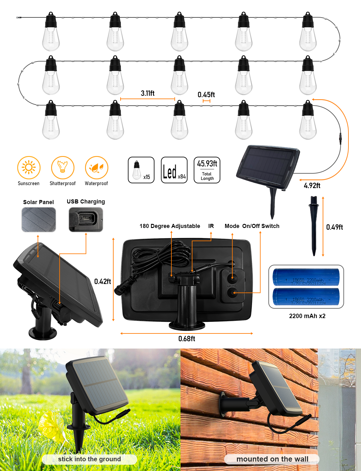 S14 Solar Outdoor String Lights (Clear Bulbs)