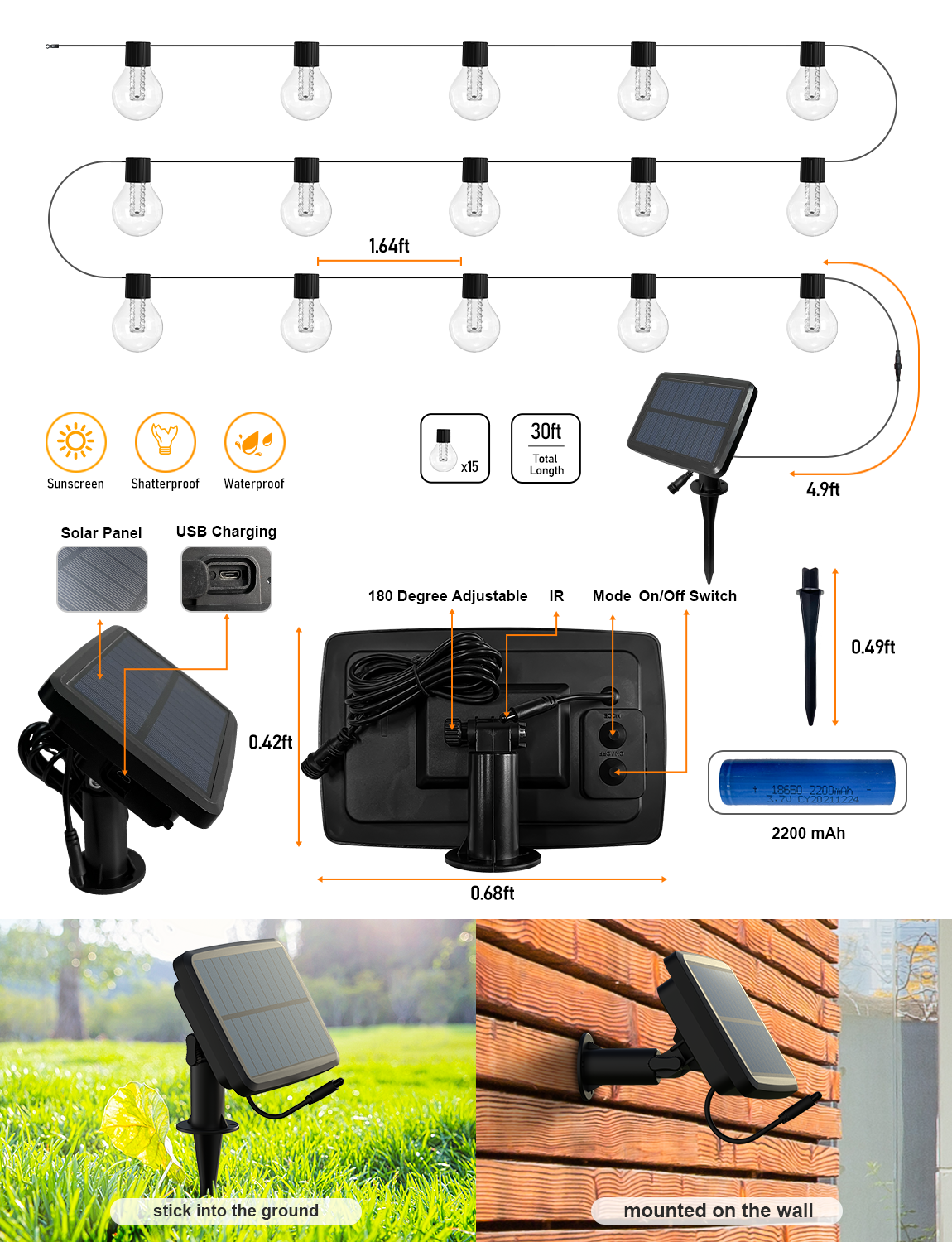 G40 Solar Outdoor String Lights 7.5M
